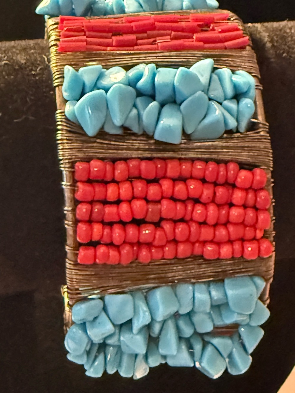 Turquoise and Coral colored Bead and wire Cuff Bracelet - Unbranded